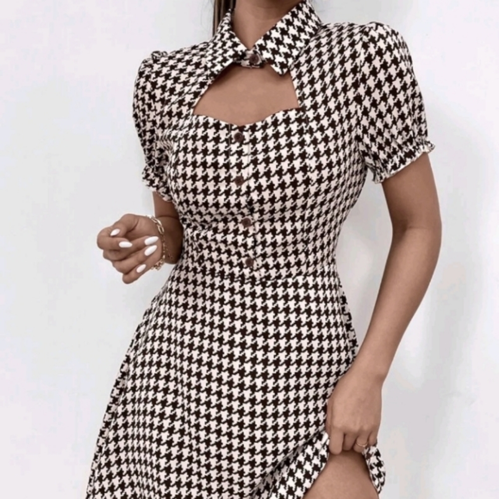 NEW Houndstooth Choker Lapel Neck Puff sleeve dress